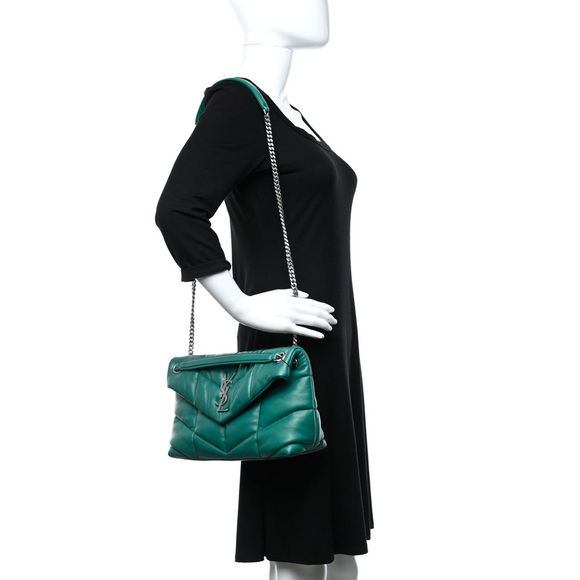 Saint Laurent Lambskin Quilted Small Loulou Puffer Chain Satchel Green Field - Picture 3 of 16